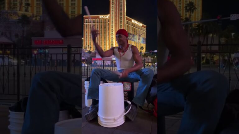 1mred is live hitting bucket drumming street performing on the las vegas strip