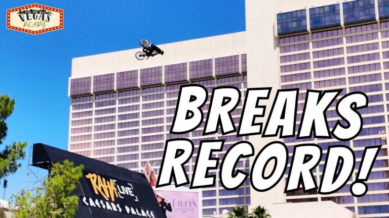 X Games Medalist Colby Raha Completes Jump at Caesars Palace Fountains Las Vegas Strip