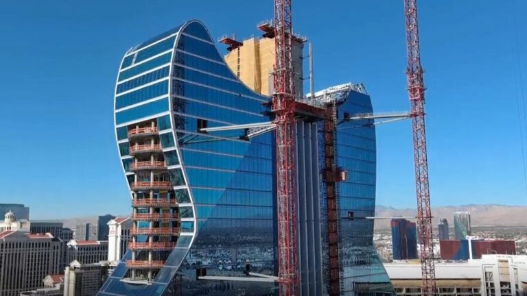 Hard Rock Las Vegas guitar tower nears completion of blue glass panels
