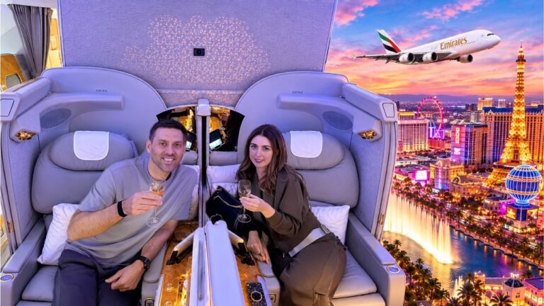 EMIRATES FIRST CLASS to LAS VEGAS! Our INSANE 36-Hour Travel Day! ✈️🎰🥂