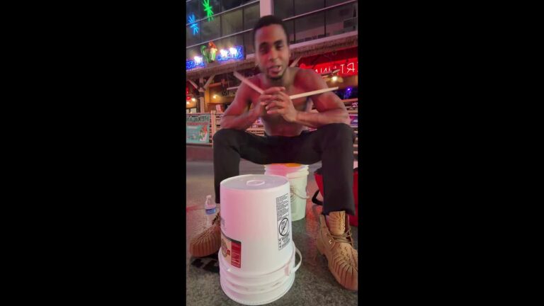 Live streaming of 1MRED bucket drumming in las vegas on fremont street performer busking